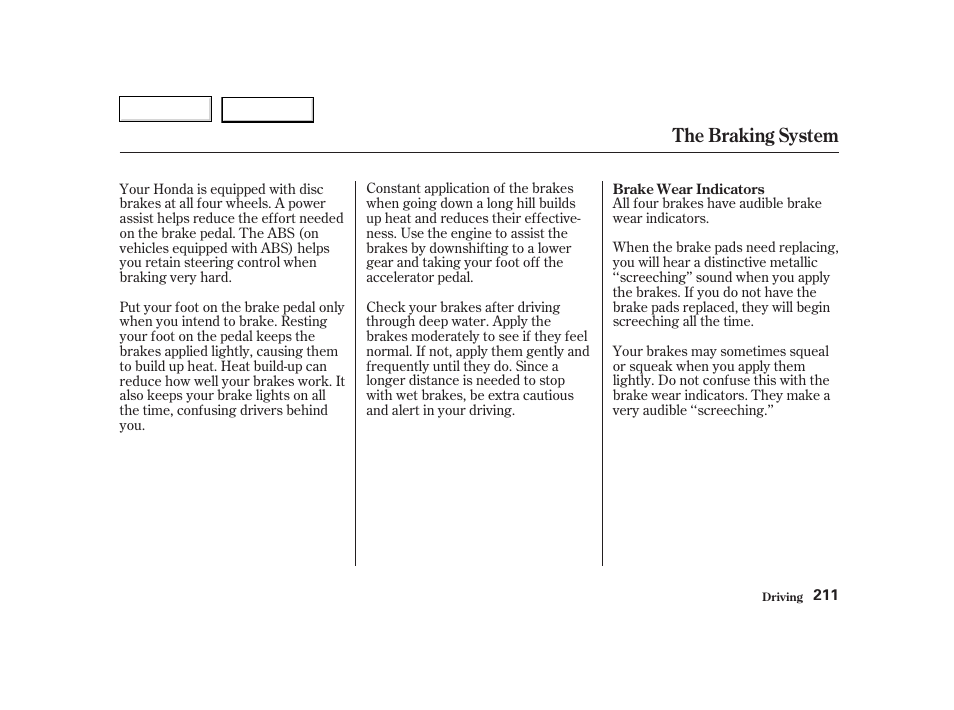 The braking system | HONDA 2002 CR-V - Owner's Manual User Manual | Page 215 / 372