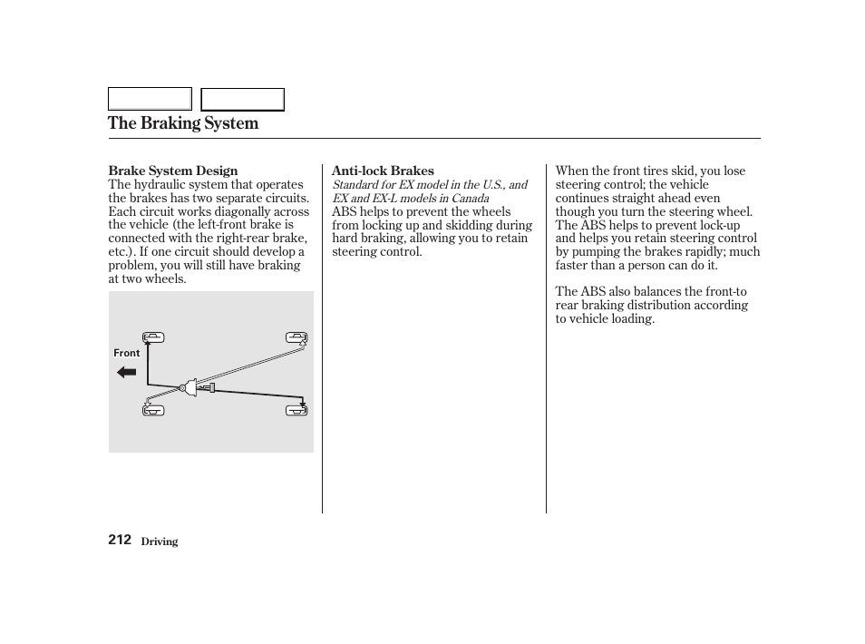 The braking system | HONDA 2002 CR-V - Owner's Manual User Manual | Page 216 / 372