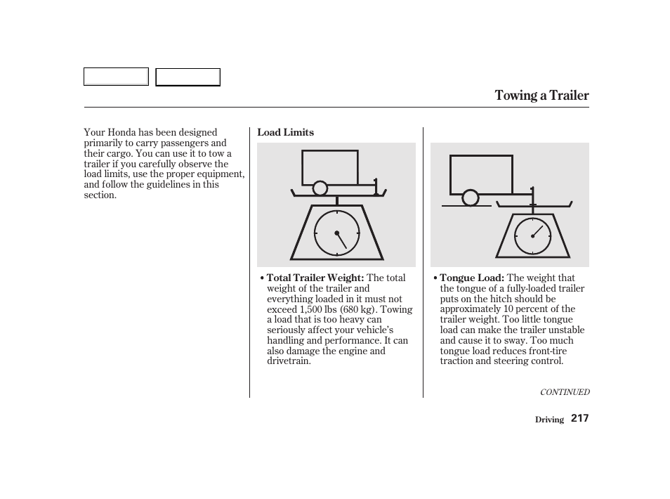 Towing a trailer | HONDA 2002 CR-V - Owner's Manual User Manual | Page 221 / 372