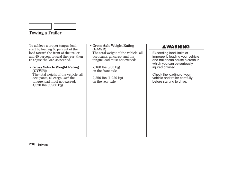 Towing a trailer | HONDA 2002 CR-V - Owner's Manual User Manual | Page 222 / 372