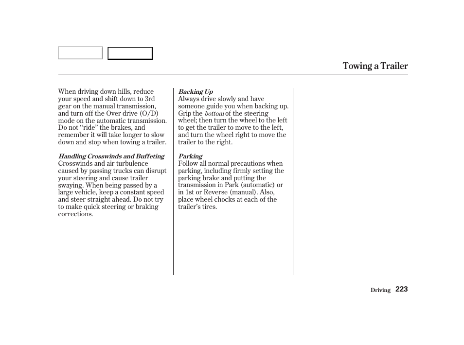 Towing a trailer | HONDA 2002 CR-V - Owner's Manual User Manual | Page 227 / 372