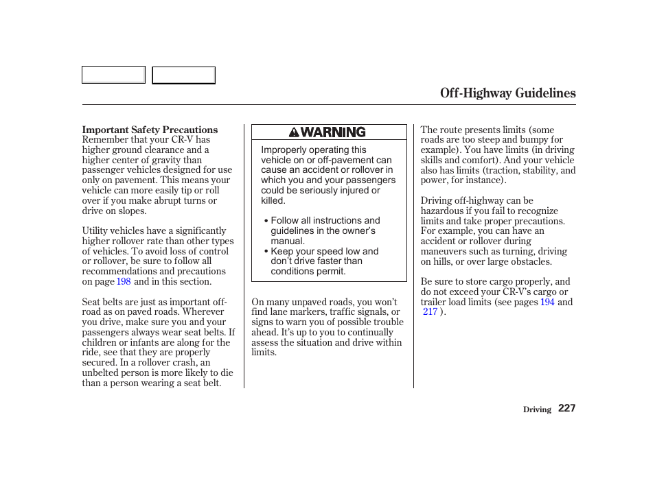 Off-highway guidelines | HONDA 2002 CR-V - Owner's Manual User Manual | Page 231 / 372