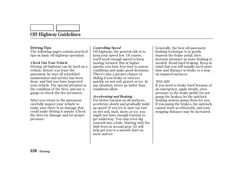 Off-highway guidelines | HONDA 2002 CR-V - Owner's Manual User Manual | Page 232 / 372