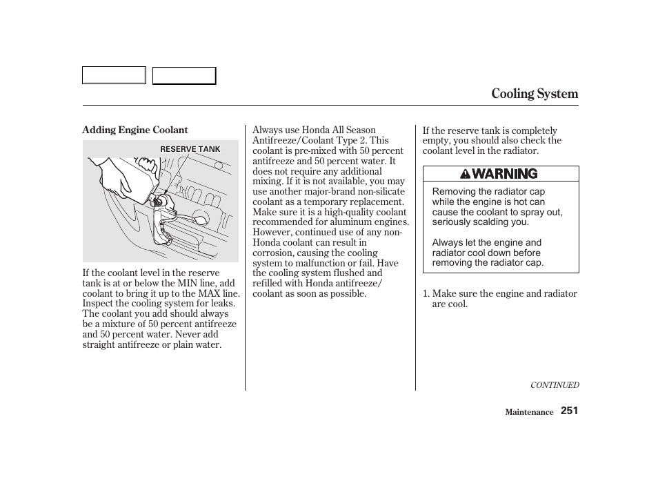 Cooling system | HONDA 2002 CR-V - Owner's Manual User Manual | Page 255 / 372