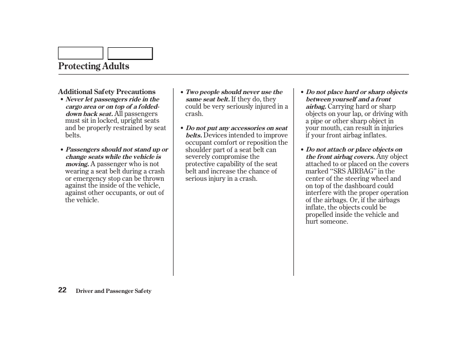 Protecting adults | HONDA 2002 CR-V - Owner's Manual User Manual | Page 26 / 372