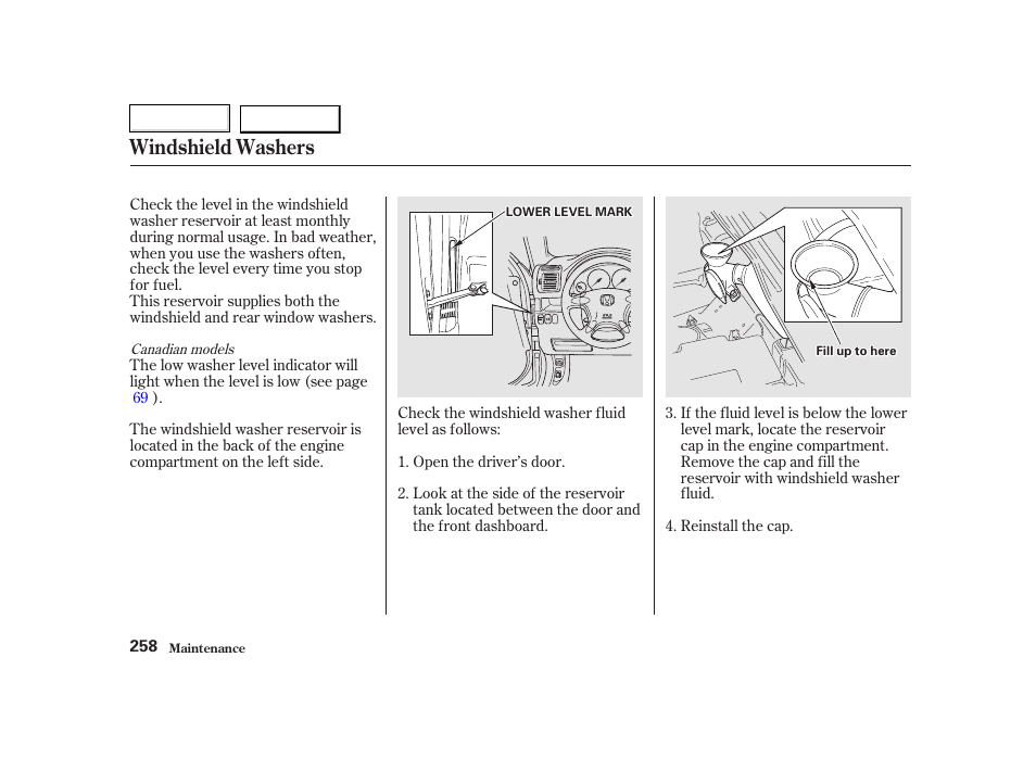 Windshield washers | HONDA 2002 CR-V - Owner's Manual User Manual | Page 262 / 372