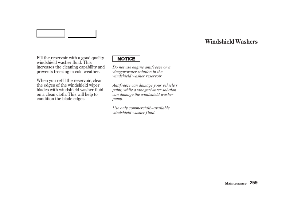 Windshield washers | HONDA 2002 CR-V - Owner's Manual User Manual | Page 263 / 372