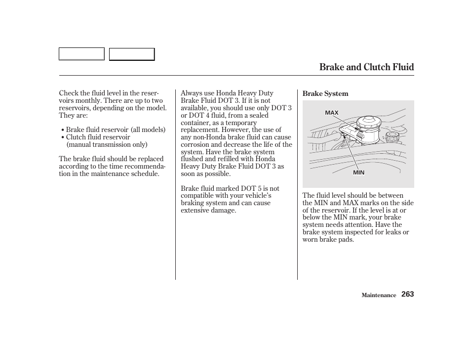 Brake and clutch fluid | HONDA 2002 CR-V - Owner's Manual User Manual | Page 267 / 372