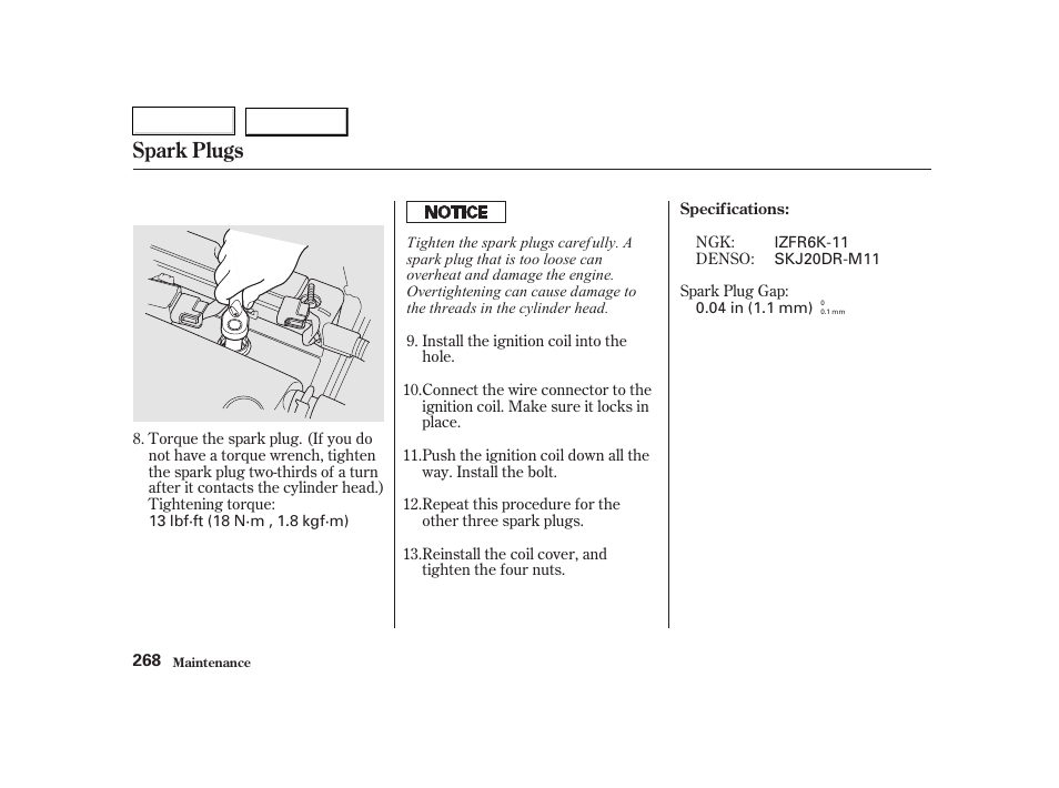 Spark plugs | HONDA 2002 CR-V - Owner's Manual User Manual | Page 272 / 372