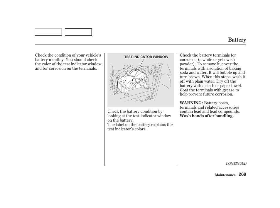 Battery | HONDA 2002 CR-V - Owner's Manual User Manual | Page 273 / 372