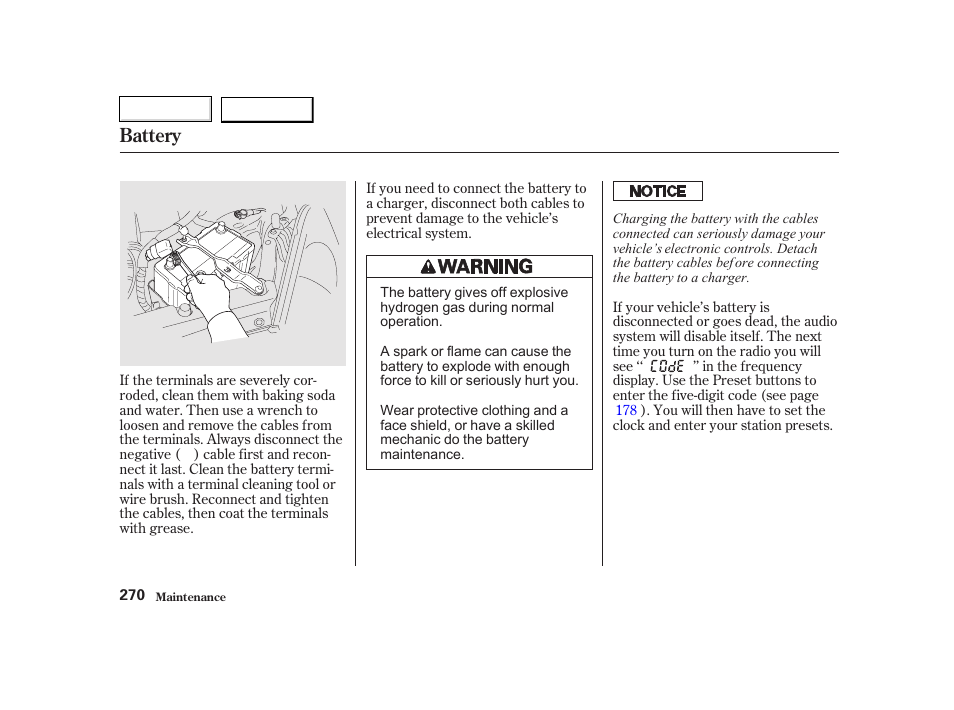 Battery | HONDA 2002 CR-V - Owner's Manual User Manual | Page 274 / 372