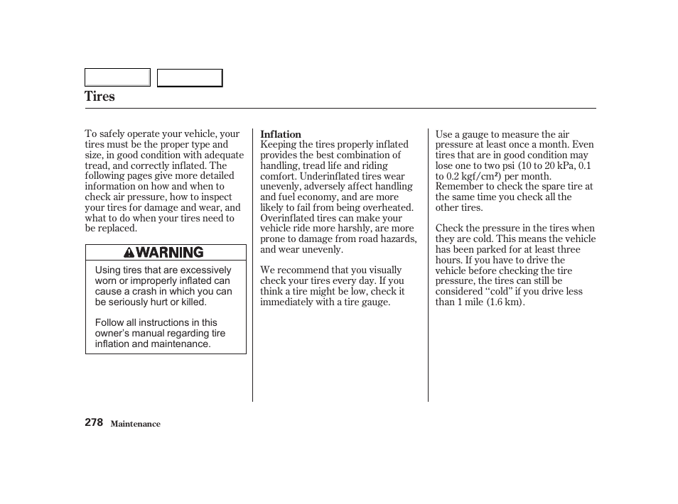 Tires | HONDA 2002 CR-V - Owner's Manual User Manual | Page 282 / 372