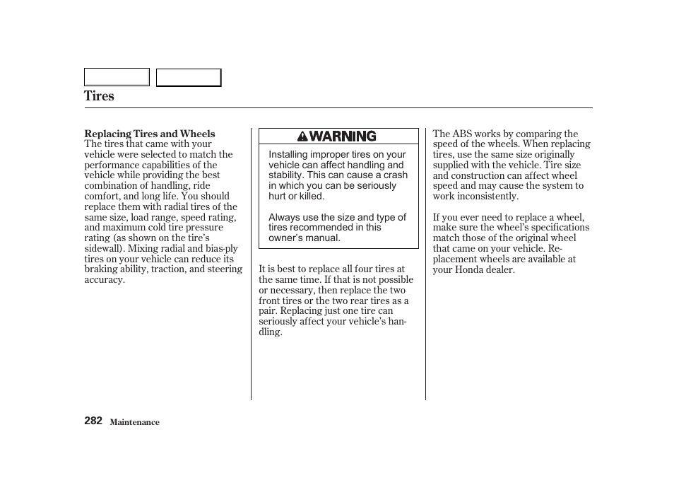 Tires | HONDA 2002 CR-V - Owner's Manual User Manual | Page 286 / 372