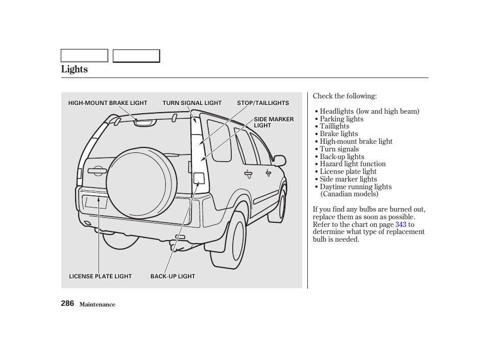 Lights | HONDA 2002 CR-V - Owner's Manual User Manual | Page 290 / 372