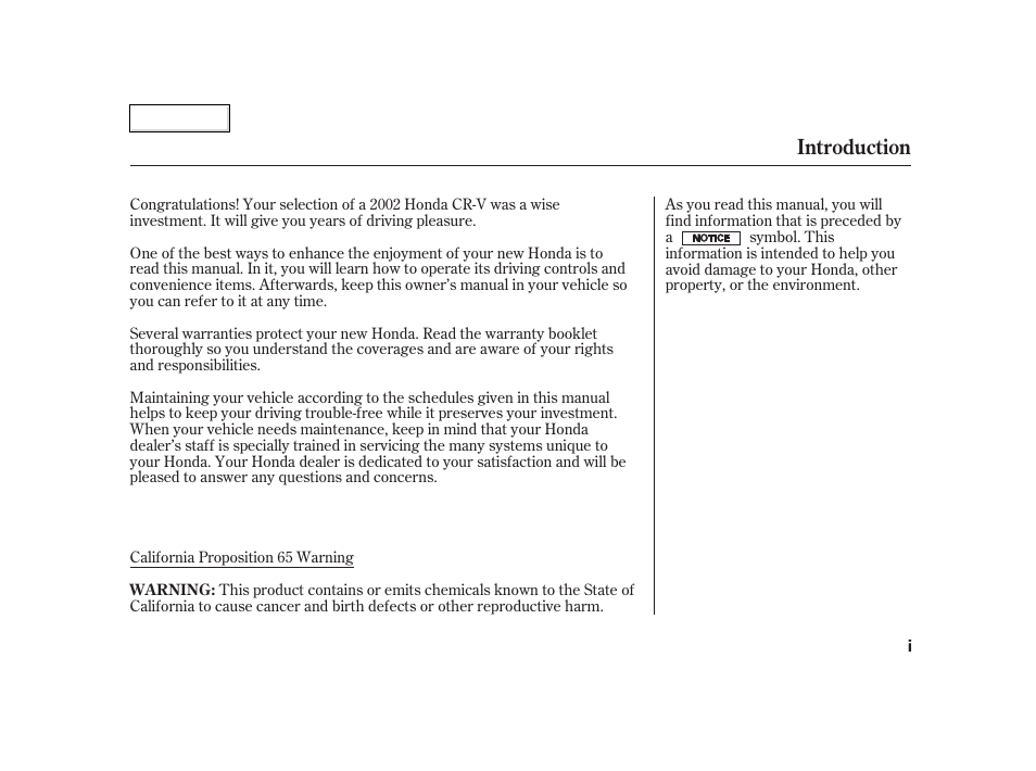 Introduction | HONDA 2002 CR-V - Owner's Manual User Manual | Page 3 / 372