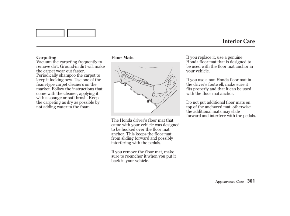 Interior care | HONDA 2002 CR-V - Owner's Manual User Manual | Page 305 / 372