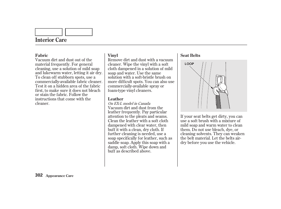 Interior care | HONDA 2002 CR-V - Owner's Manual User Manual | Page 306 / 372