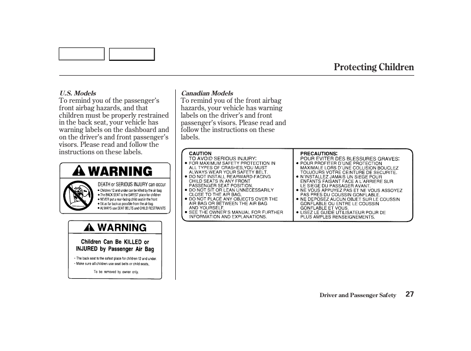 Protecting children | HONDA 2002 CR-V - Owner's Manual User Manual | Page 31 / 372