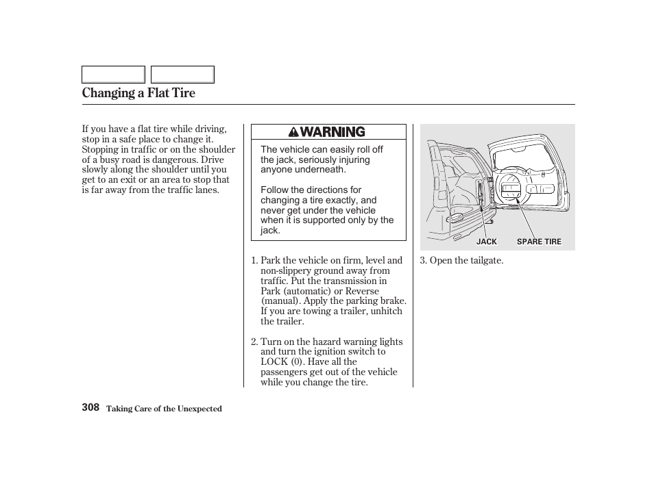 Changing a flat tire | HONDA 2002 CR-V - Owner's Manual User Manual | Page 312 / 372