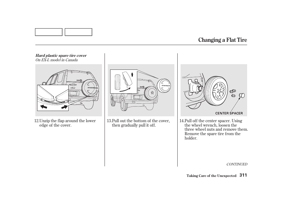 Changing a flat tire | HONDA 2002 CR-V - Owner's Manual User Manual | Page 315 / 372