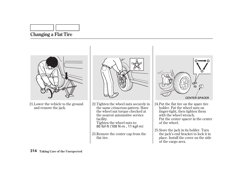 Changing a flat tire | HONDA 2002 CR-V - Owner's Manual User Manual | Page 318 / 372