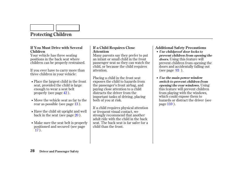 Protecting children | HONDA 2002 CR-V - Owner's Manual User Manual | Page 32 / 372