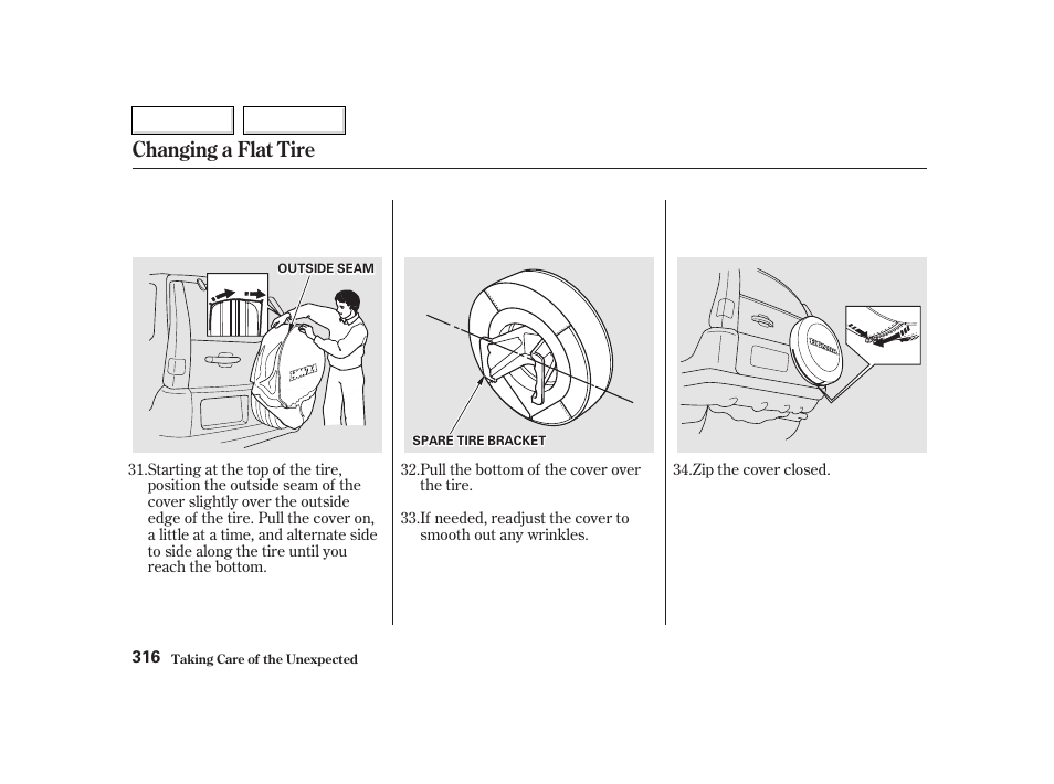 Changing a flat tire | HONDA 2002 CR-V - Owner's Manual User Manual | Page 320 / 372