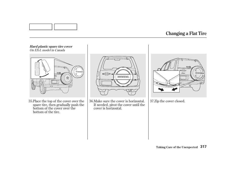 Changing a flat tire | HONDA 2002 CR-V - Owner's Manual User Manual | Page 321 / 372