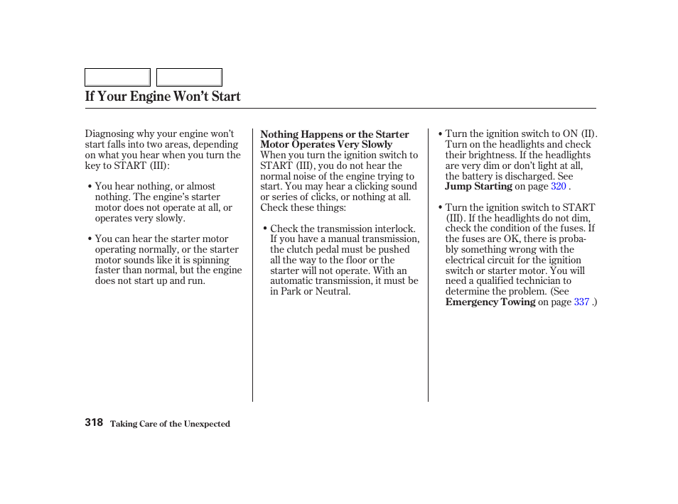 If your engine won’t start | HONDA 2002 CR-V - Owner's Manual User Manual | Page 322 / 372