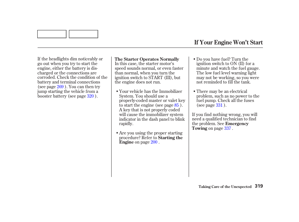 If your engine won’t start | HONDA 2002 CR-V - Owner's Manual User Manual | Page 323 / 372