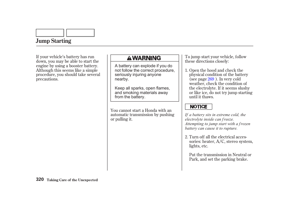 Jump starting | HONDA 2002 CR-V - Owner's Manual User Manual | Page 324 / 372