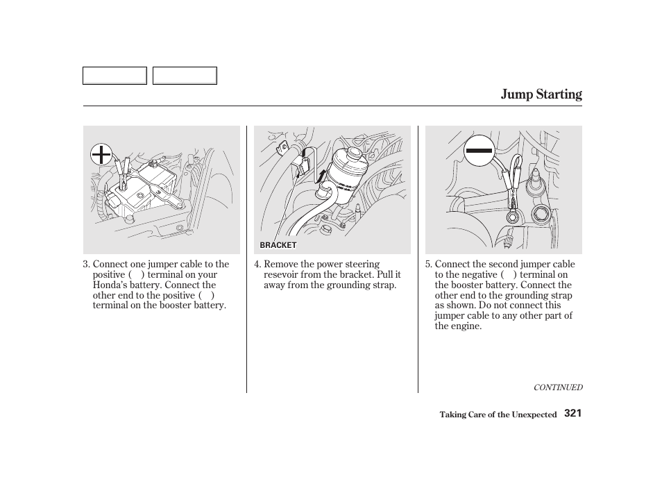 Jump starting | HONDA 2002 CR-V - Owner's Manual User Manual | Page 325 / 372