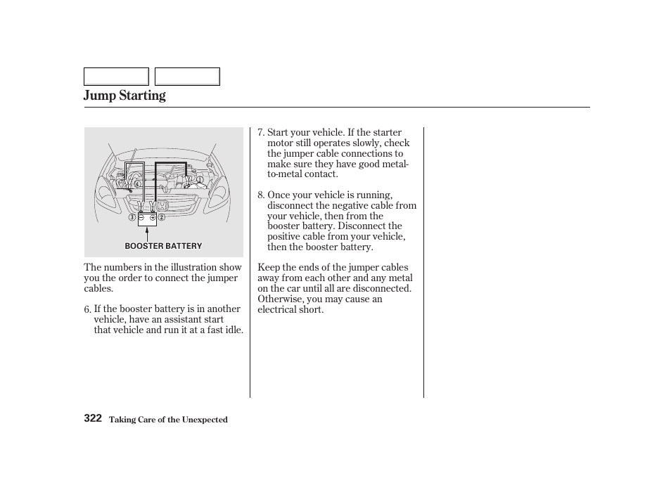 Jump starting | HONDA 2002 CR-V - Owner's Manual User Manual | Page 326 / 372