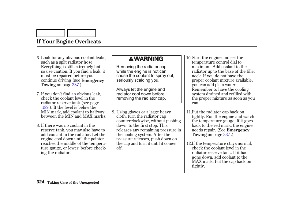 If your engine overheats | HONDA 2002 CR-V - Owner's Manual User Manual | Page 328 / 372