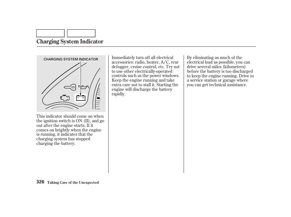 Charging system indicator | HONDA 2002 CR-V - Owner's Manual User Manual | Page 330 / 372