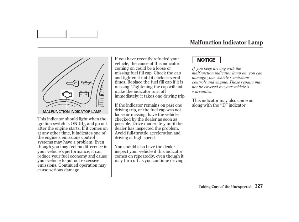 Malfunction indicator lamp | HONDA 2002 CR-V - Owner's Manual User Manual | Page 331 / 372