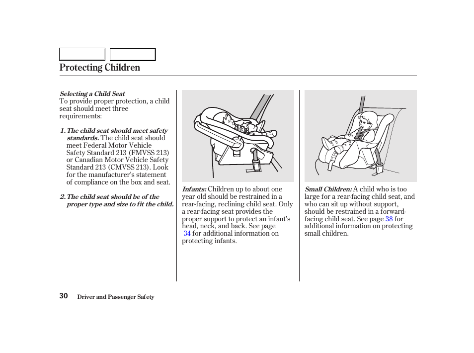 Protecting children | HONDA 2002 CR-V - Owner's Manual User Manual | Page 34 / 372