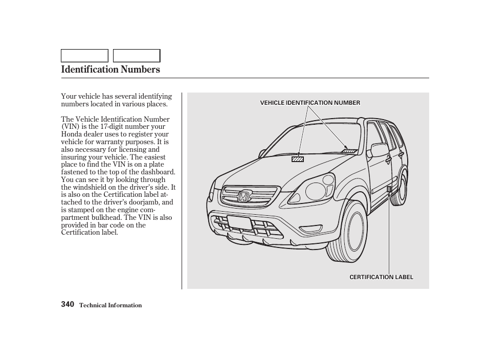 Identification numbers | HONDA 2002 CR-V - Owner's Manual User Manual | Page 344 / 372