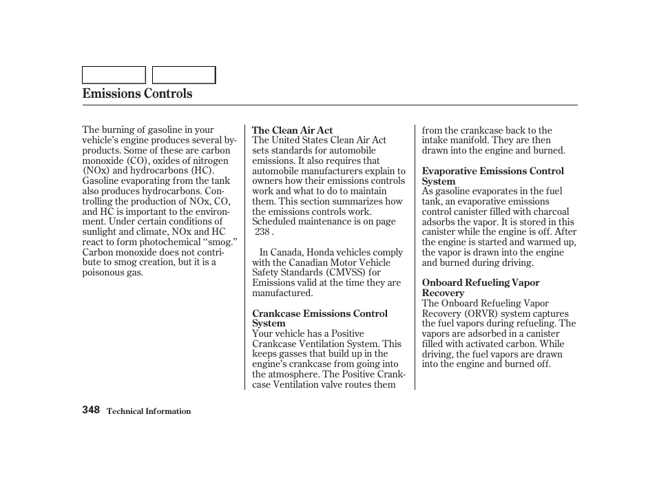 Emissions controls | HONDA 2002 CR-V - Owner's Manual User Manual | Page 352 / 372