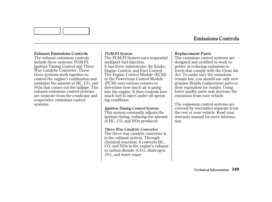 Emissions controls | HONDA 2002 CR-V - Owner's Manual User Manual | Page 353 / 372