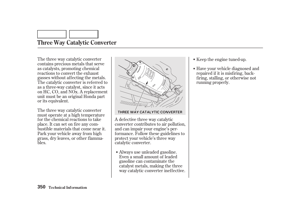 Three way catalytic converter | HONDA 2002 CR-V - Owner's Manual User Manual | Page 354 / 372