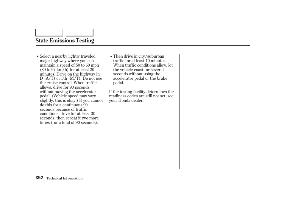 State emissions testing | HONDA 2002 CR-V - Owner's Manual User Manual | Page 356 / 372