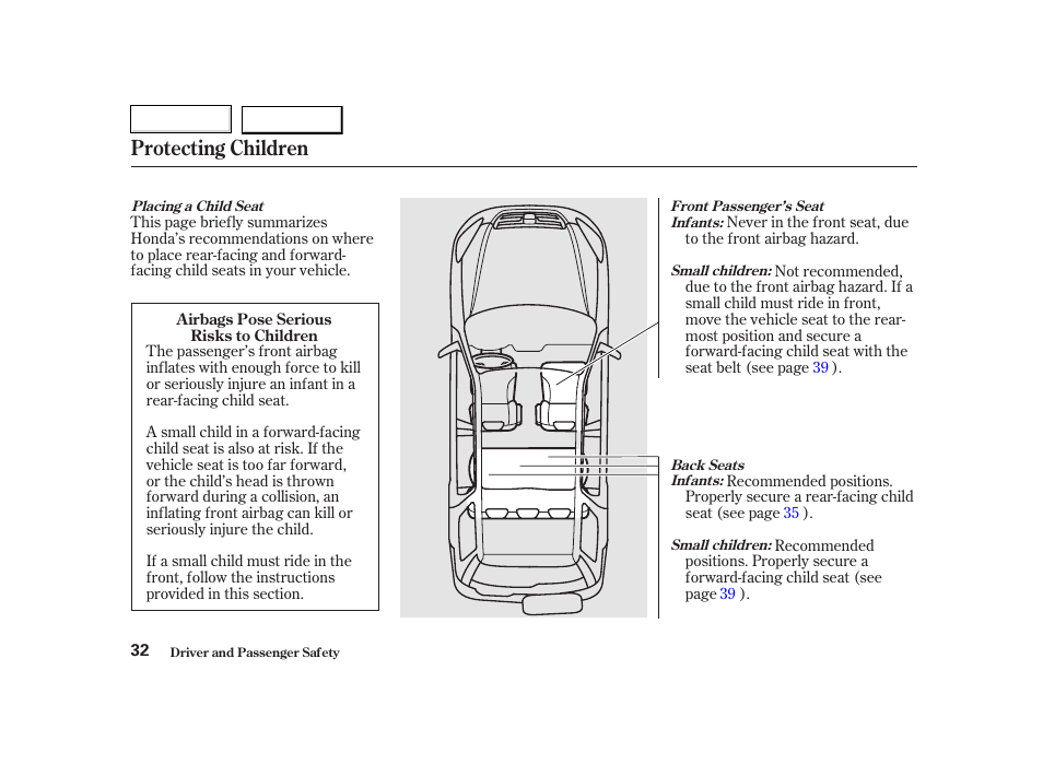 Protecting children | HONDA 2002 CR-V - Owner's Manual User Manual | Page 36 / 372