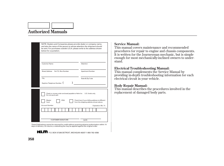 Authorized manuals | HONDA 2002 CR-V - Owner's Manual User Manual | Page 362 / 372