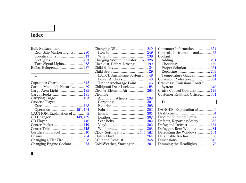 Index | HONDA 2002 CR-V - Owner's Manual User Manual | Page 364 / 372