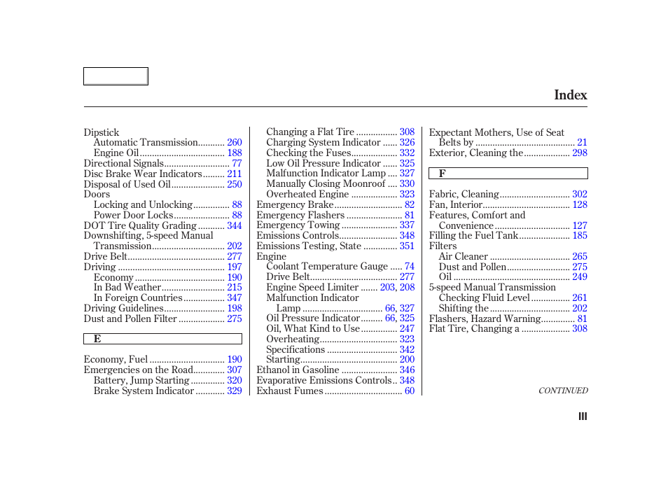 Index | HONDA 2002 CR-V - Owner's Manual User Manual | Page 365 / 372
