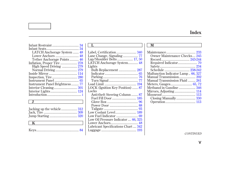 Index | HONDA 2002 CR-V - Owner's Manual User Manual | Page 367 / 372
