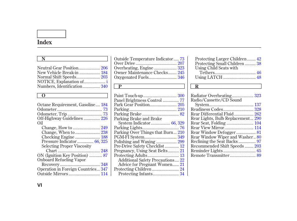 Index | HONDA 2002 CR-V - Owner's Manual User Manual | Page 368 / 372