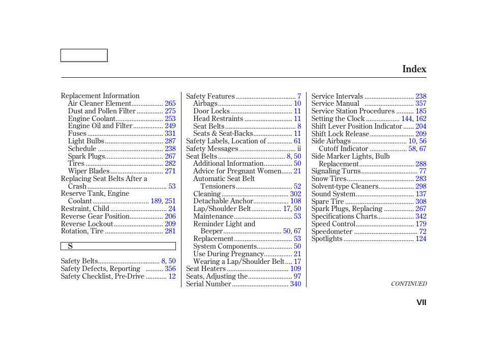 Index | HONDA 2002 CR-V - Owner's Manual User Manual | Page 369 / 372