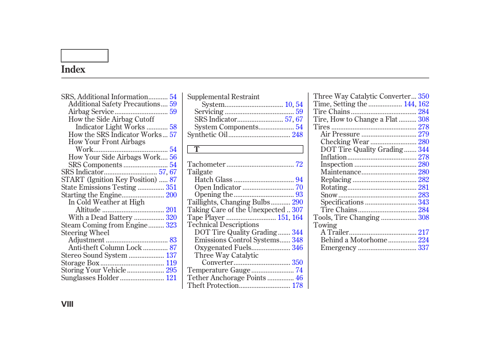 Index | HONDA 2002 CR-V - Owner's Manual User Manual | Page 370 / 372